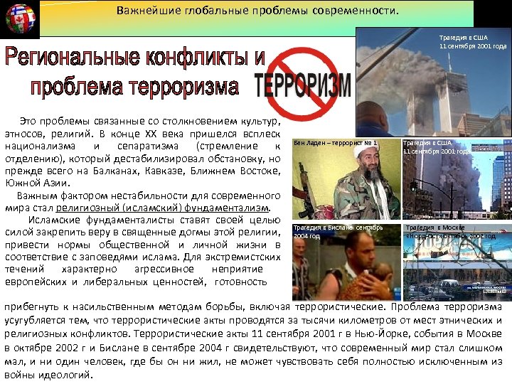 Важнейшие глобальные проблемы современности. Трагедия в США 11 сентября 2001 года Это проблемы связанные