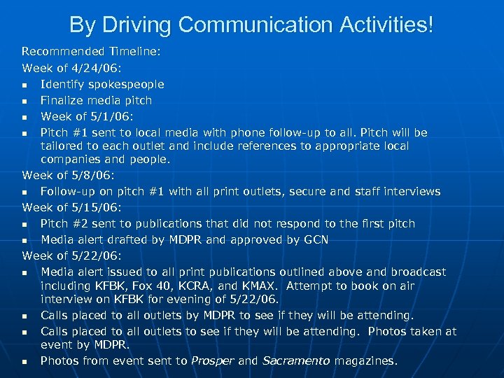 By Driving Communication Activities! Recommended Timeline: Week of 4/24/06: n Identify spokespeople n Finalize