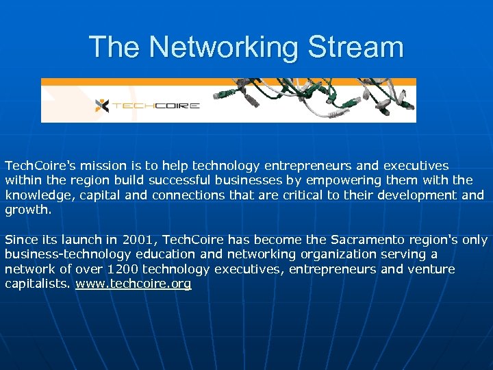 The Networking Stream Tech. Coire's mission is to help technology entrepreneurs and executives within