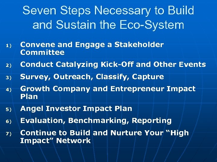 Seven Steps Necessary to Build and Sustain the Eco-System 1) Convene and Engage a