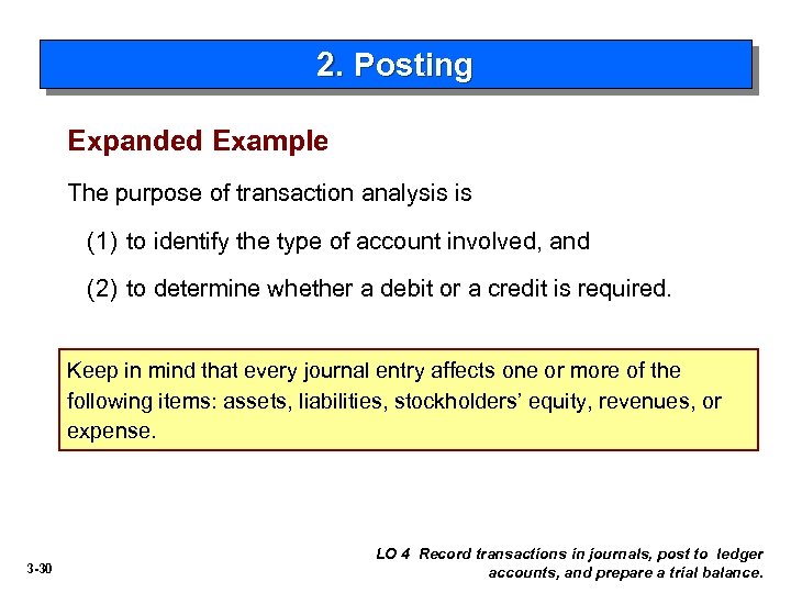 2. Posting Expanded Example The purpose of transaction analysis is (1) to identify the