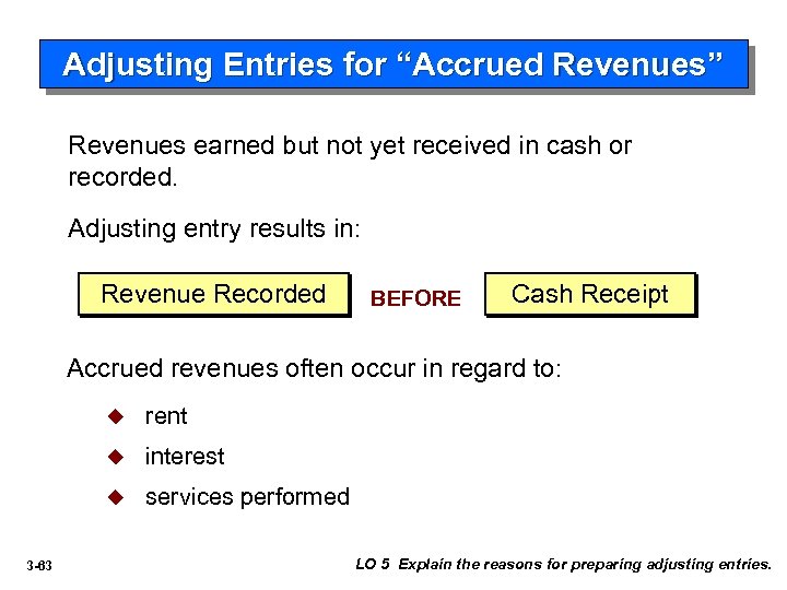 Adjusting Entries for “Accrued Revenues” Revenues earned but not yet received in cash or