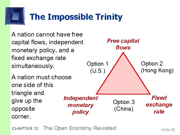 The Impossible Trinity A nation cannot have free Free capital flows, independent flows monetary