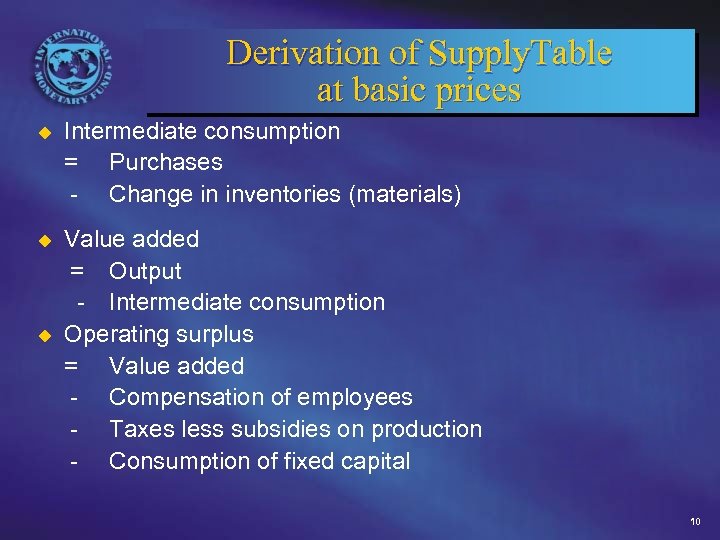 Derivation of Supply. Table at basic prices Intermediate consumption = Purchases - Change in