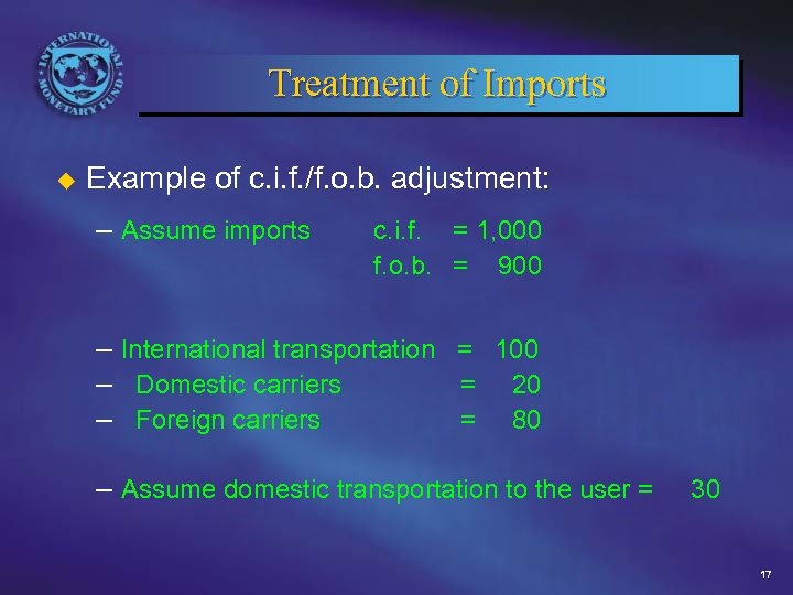 Treatment of Imports u Example of c. i. f. /f. o. b. adjustment: –
