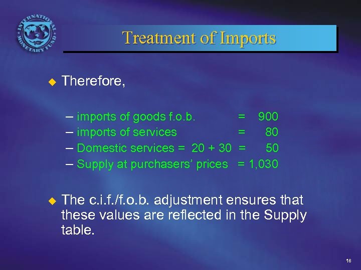 Treatment of Imports u Therefore, – imports of goods f. o. b. = 900