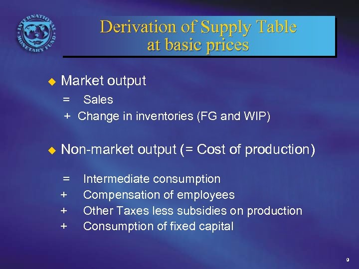 Derivation of Supply Table at basic prices Market output = Sales u + Change
