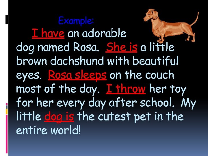 Example: I have an adorable dog named Rosa. She is a little brown dachshund