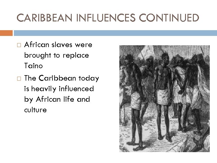 CARIBBEAN INFLUENCES CONTINUED African slaves were brought to replace Taino The Caribbean today is