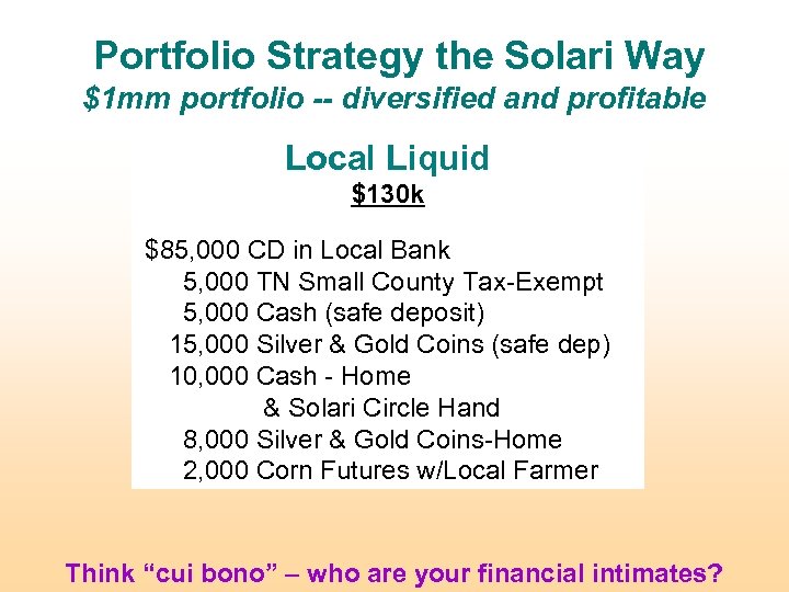 Portfolio Strategy the Solari Way $1 mm portfolio -- diversified and profitable Local Liquid