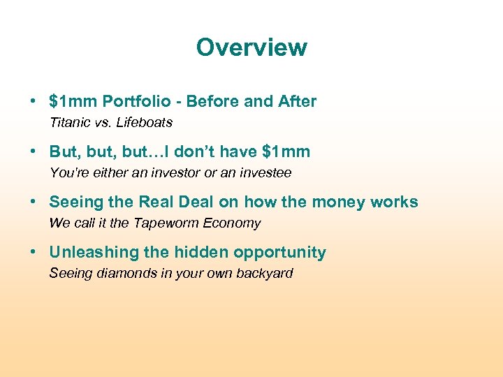 Overview • $1 mm Portfolio - Before and After Titanic vs. Lifeboats • But,