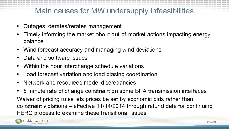 Main causes for MW undersupply infeasibilities • Outages, derates/rerates management • Timely informing the