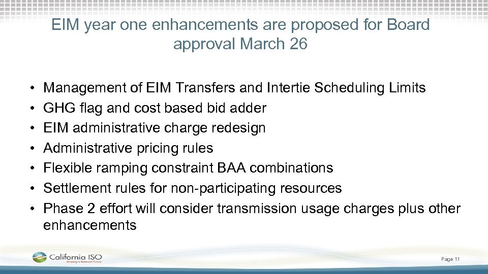 EIM year one enhancements are proposed for Board approval March 26 • • Management
