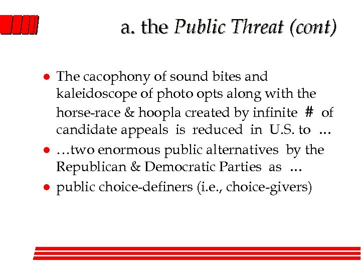a. the Public Threat (cont) l l l The cacophony of sound bites and
