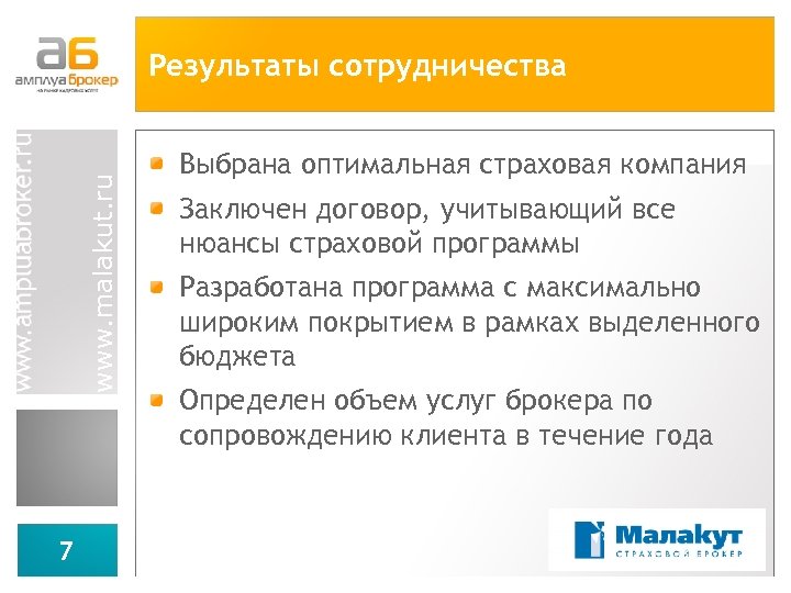 www. malakut. ru Результаты сотрудничества 7 Выбрана оптимальная страховая компания Заключен договор, учитывающий все