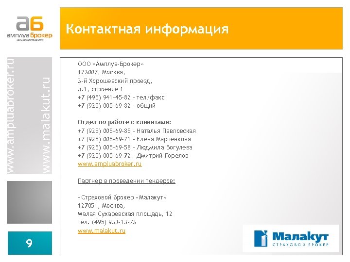 www. malakut. ru Контактная информация ООО «Амплуа-Брокер» 123007, Москва, 3 -й Хорошевский проезд, д.