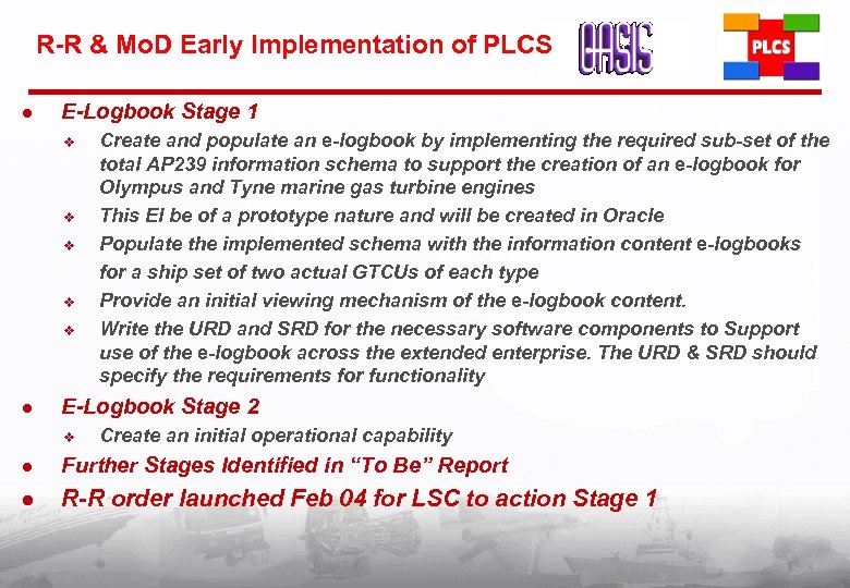 R-R & Mo. D Early Implementation of PLCS l E-Logbook Stage 1 v v