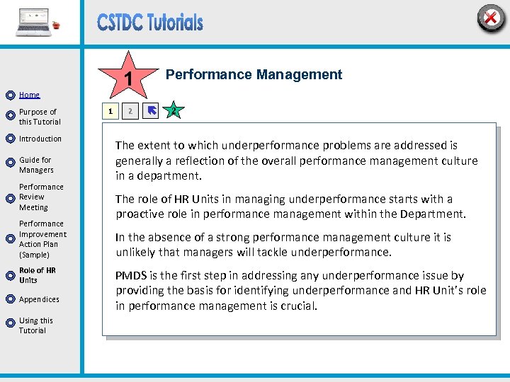 Home Purpose of this Tutorial Introduction Guide for Managers Performance Review Meeting Performance Improvement