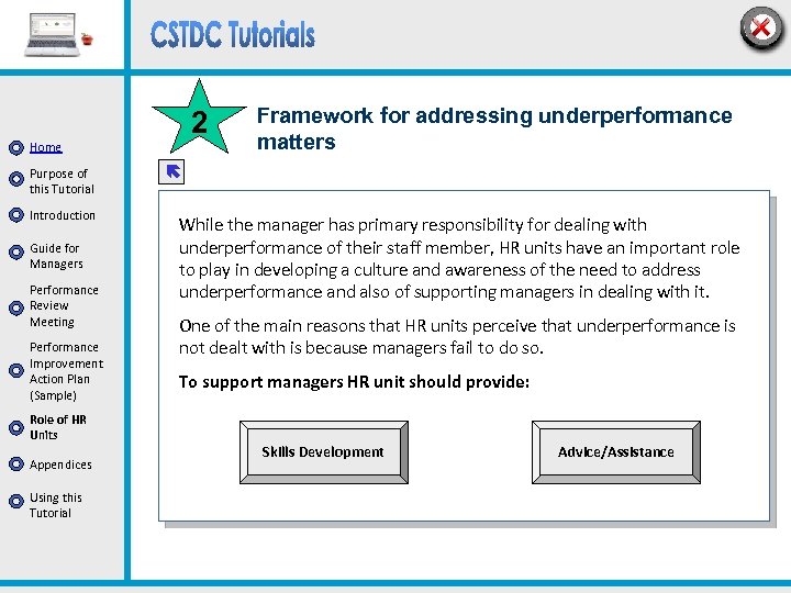 2 Home Purpose of this Tutorial Introduction Guide for Managers Performance Review Meeting Performance