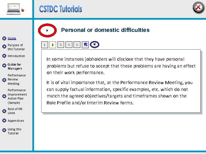 Personal or domestic difficulties v Home Purpose of this Tutorial Introduction Guide for Managers