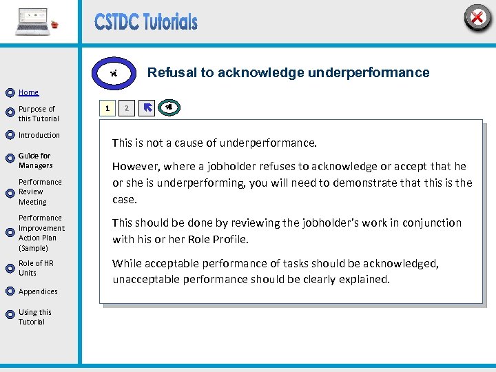 Refusal to acknowledge underperformance vi Home Purpose of this Tutorial Introduction Guide for Managers