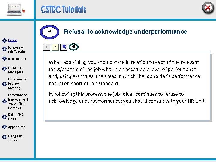 Refusal to acknowledge underperformance vi Home Purpose of this Tutorial Introduction Guide for Managers