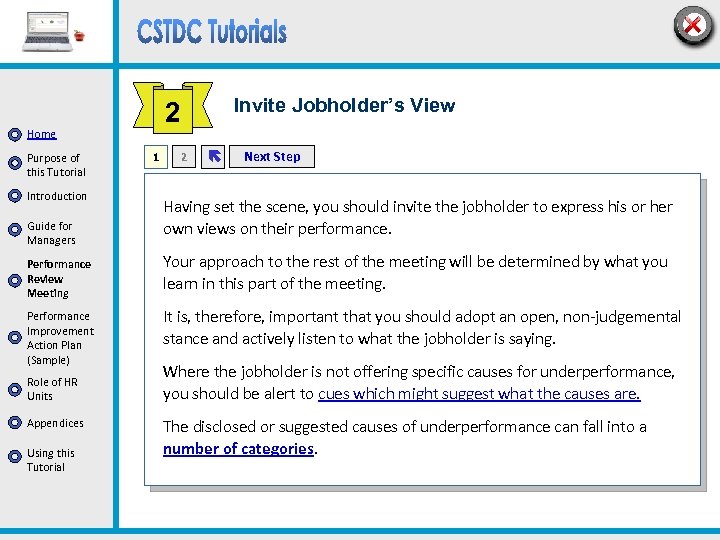 Home Purpose of this Tutorial Introduction Guide for Managers Performance Review Meeting Performance Improvement