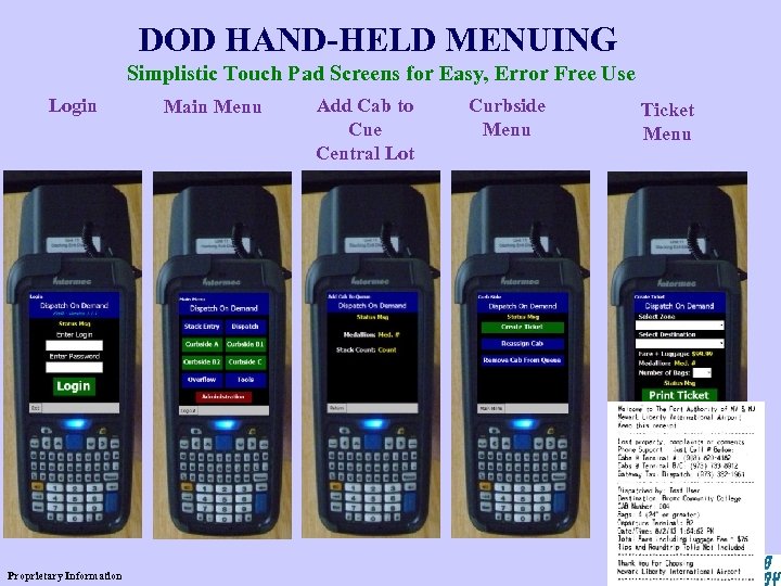 DOD HAND-HELD MENUING Simplistic Touch Pad Screens for Easy, Error Free Use Login Proprietary