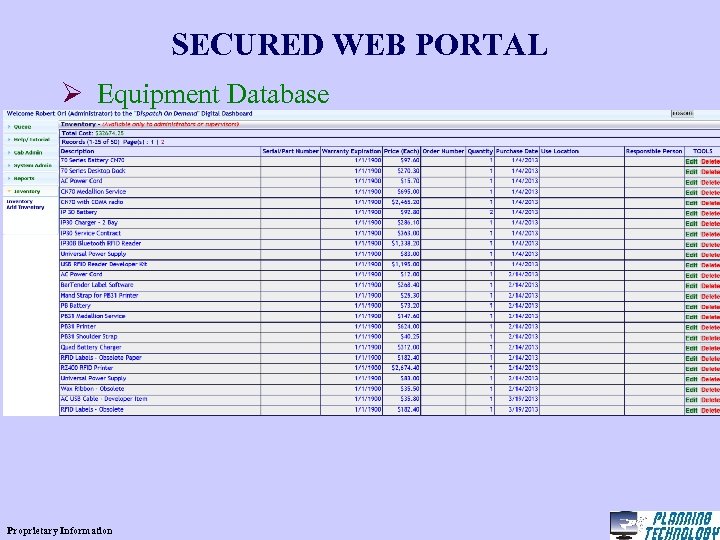 SECURED WEB PORTAL Ø Equipment Database Proprietary Information 