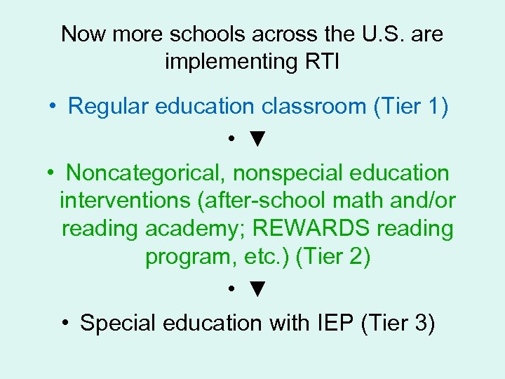 Now more schools across the U. S. are implementing RTI • Regular education classroom