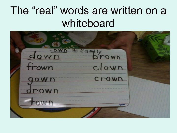 The “real” words are written on a whiteboard 
