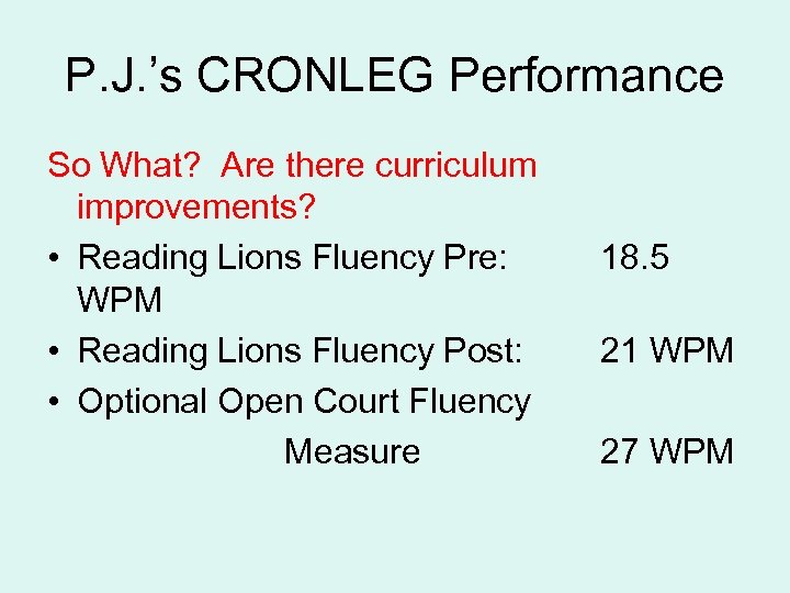 P. J. ’s CRONLEG Performance So What? Are there curriculum improvements? • Reading Lions