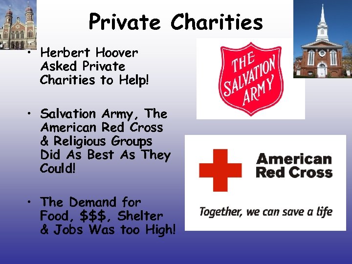 Private Charities • Herbert Hoover Asked Private Charities to Help! • Salvation Army, The