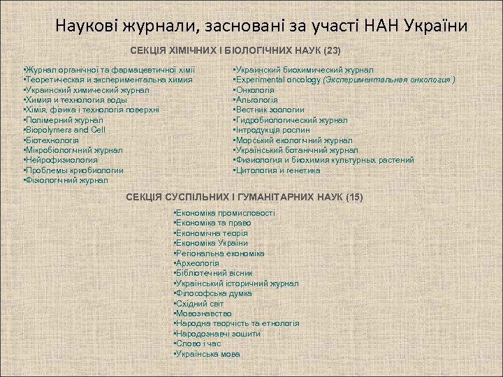 Наукові журнали, засновані за участі НАН України СЕКЦІЯ ХІМІЧНИХ І БІОЛОГІЧНИХ НАУК (23) •