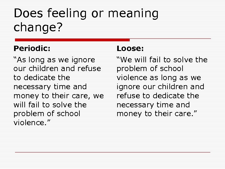 Does feeling or meaning change? Periodic: Loose: “As long as we ignore our children