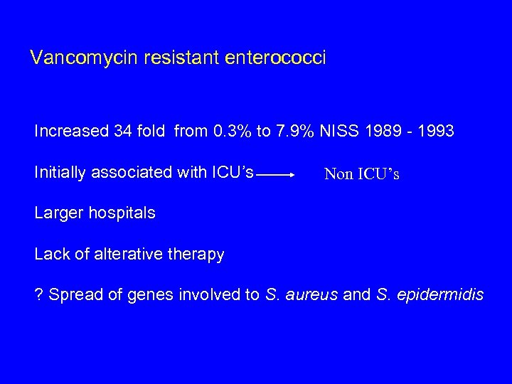 Vancomycin resistant enterococci Increased 34 fold from 0. 3% to 7. 9% NISS 1989