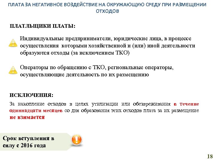 ПЛАТА ЗА НЕГАТИВНОЕ ВОЗДЕЙСТВИЕ НА ОКРУЖАЮЩУЮ СРЕДУ ПРИ РАЗМЕЩЕНИИ ОТХОДОВ ПЛАТЛЬЩИКИ ПЛАТЫ: Индивидуальные предприниматели,