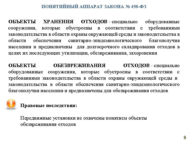 ПОНЯТИЙНЫЙ АППАРАТ ЗАКОНА № 458 -ФЗ ОБЪЕКТЫ ХРАНЕНИЯ ОТХОДОВ - специально оборудованные сооружения, которые