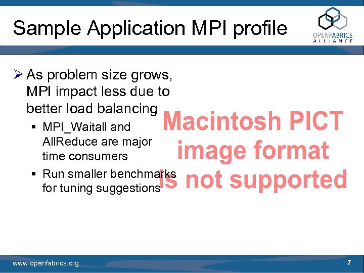 Sample Application MPI profile Ø As problem size grows, MPI impact less due to
