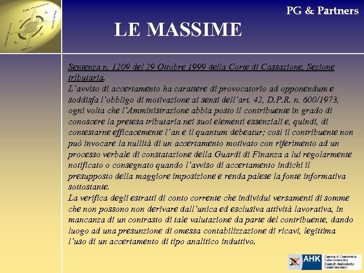 PG & Partners LE MASSIME Sentenza n. 1209 del 29 Ottobre 1999 della Corte