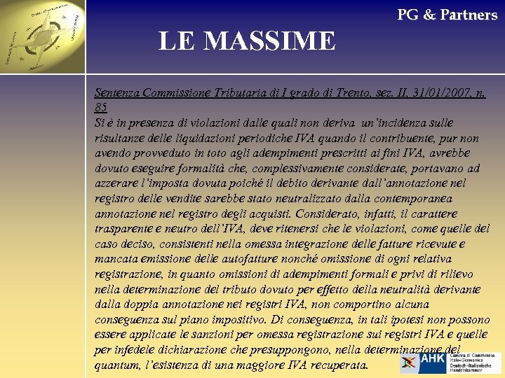 PG & Partners LE MASSIME Sentenza Commissione Tributaria di I grado di Trento, sez.