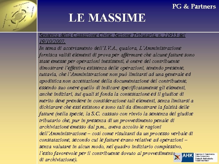 PG & Partners LE MASSIME Sentenza della Cassazione Civile, Sezione Tributaria, n. 21953 del
