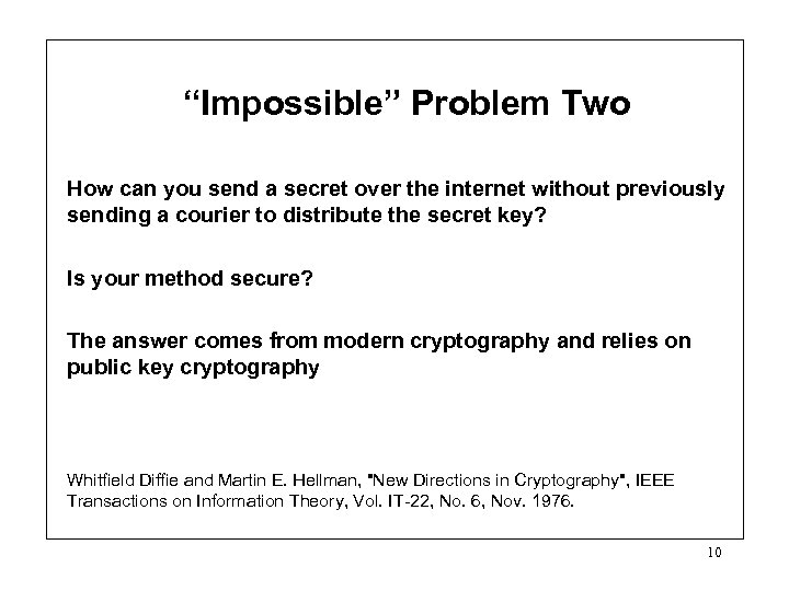 “Impossible” Problem Two How can you send a secret over the internet without previously