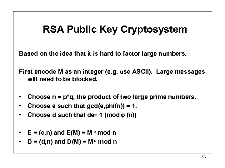 RSA Public Key Cryptosystem Based on the idea that it is hard to factor