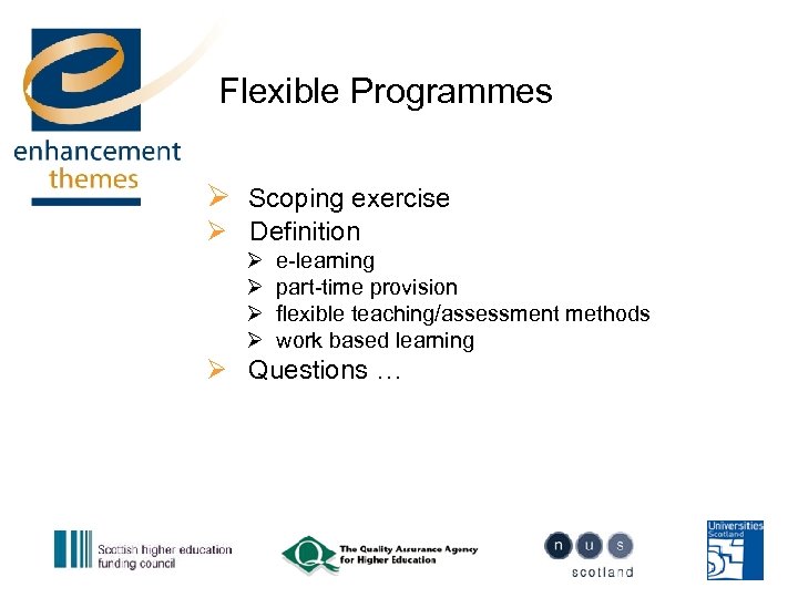 Flexible Programmes Ø Scoping exercise Ø Definition Ø Ø e-learning part-time provision flexible teaching/assessment