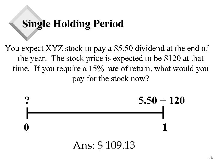 Single Holding Period You expect XYZ stock to pay a $5. 50 dividend at