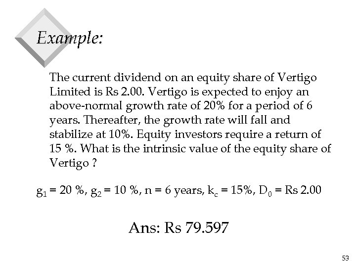 Example: The current dividend on an equity share of Vertigo Limited is Rs 2.
