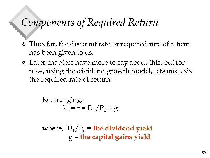 Components of Required Return v v Thus far, the discount rate or required rate