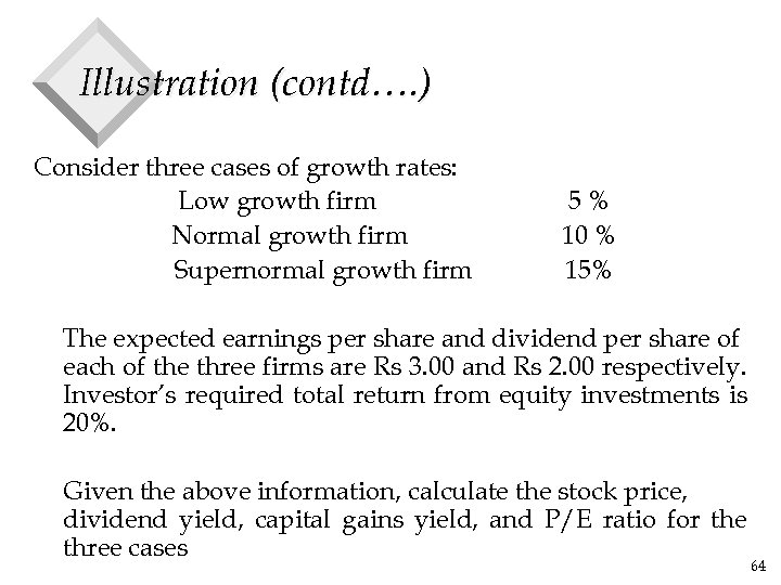Illustration (contd…. ) Consider three cases of growth rates: Low growth firm Normal growth