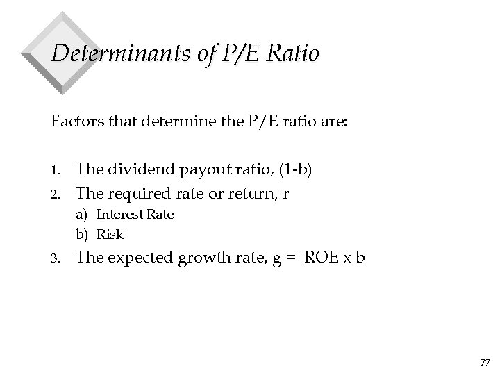 Determinants of P/E Ratio Factors that determine the P/E ratio are: 1. 2. The